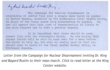 Letter from the Campaign for Nuclear Disarmament inviting Dr. King and Bayard Rustin to their mass march. Click to read letter at the King Center website.