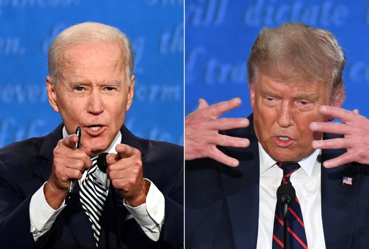 Former Vice President Joe Biden (left) and President Donald Trump meet at the first&nbsp;2020 presidential debate Tuesday at 